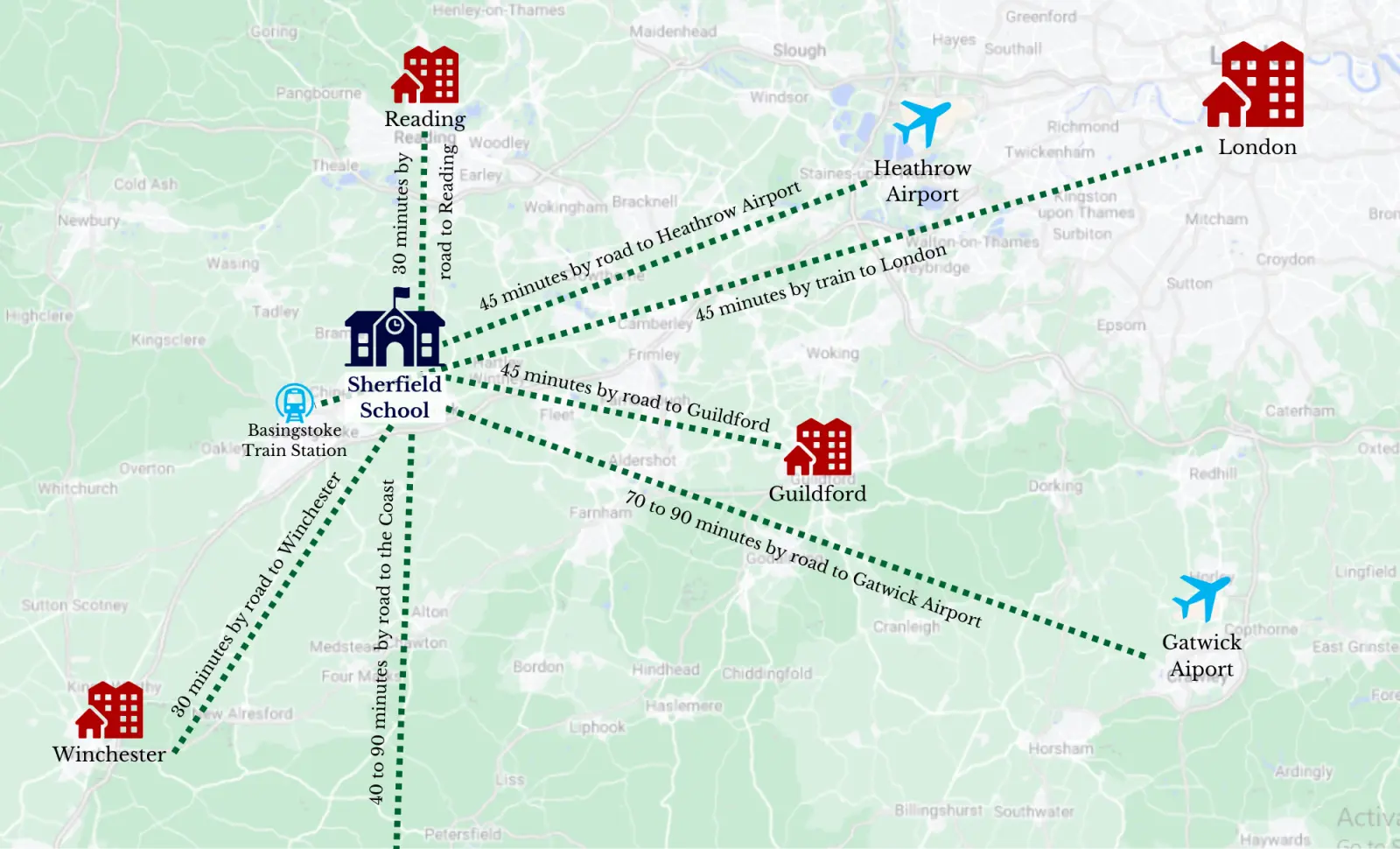 Map showing Sherfield's proximity to key areas like London, Guildford, and surrounding airports