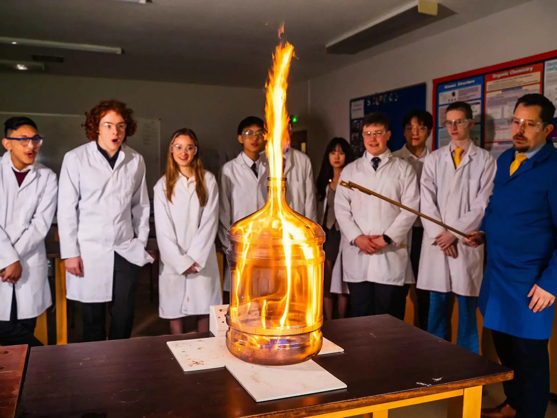 Students watching flame expierment in Science lesson
