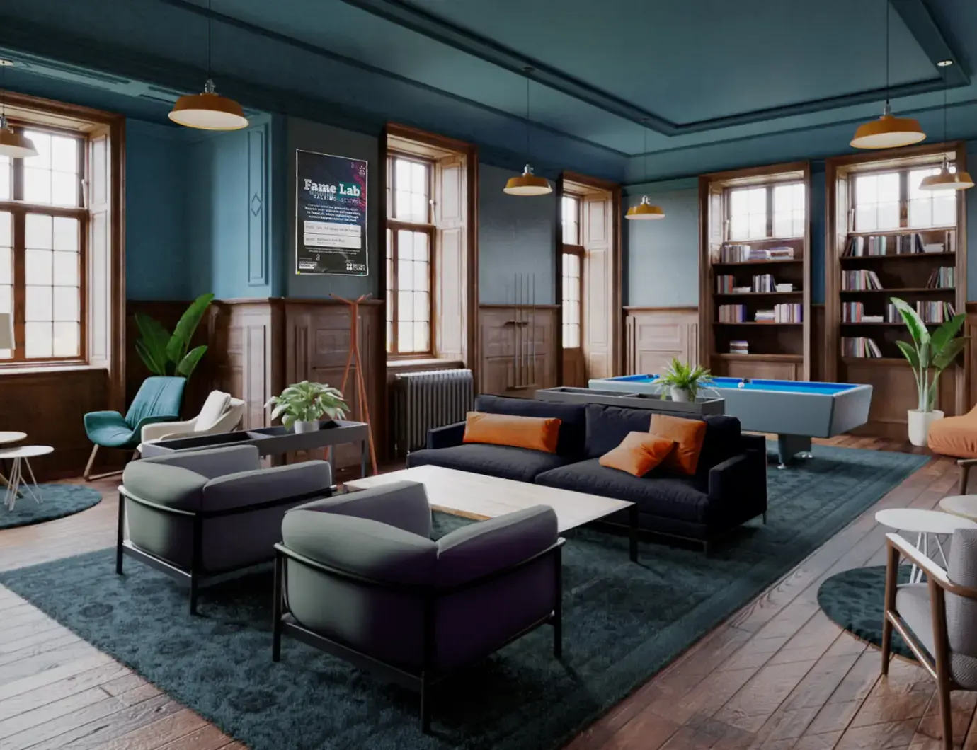 Sixth form lounge complete with sofas and pool table