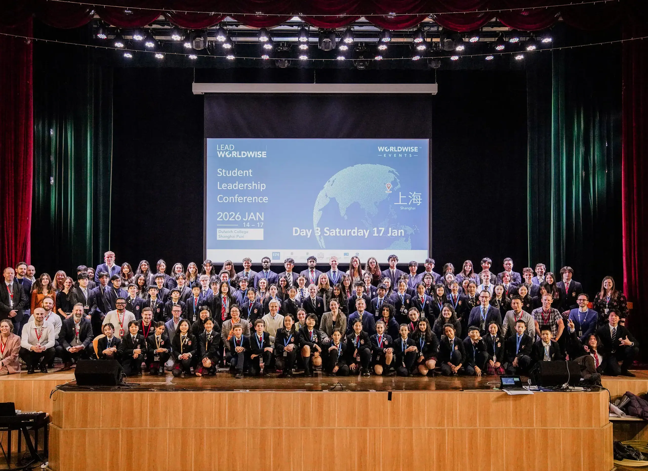 Students from Sherfield School on stage at EiM Student Leadership Conference in Shanghai
