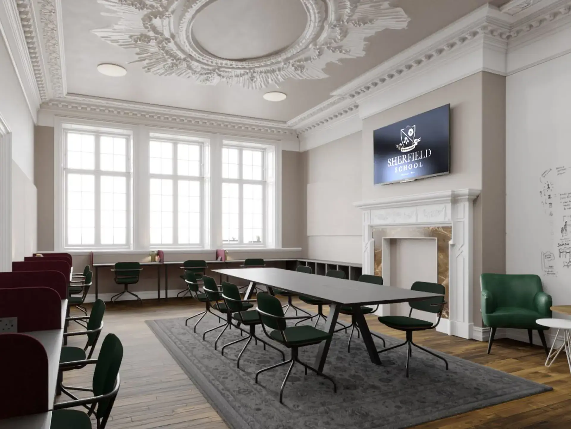 A study space with a long table and chairs