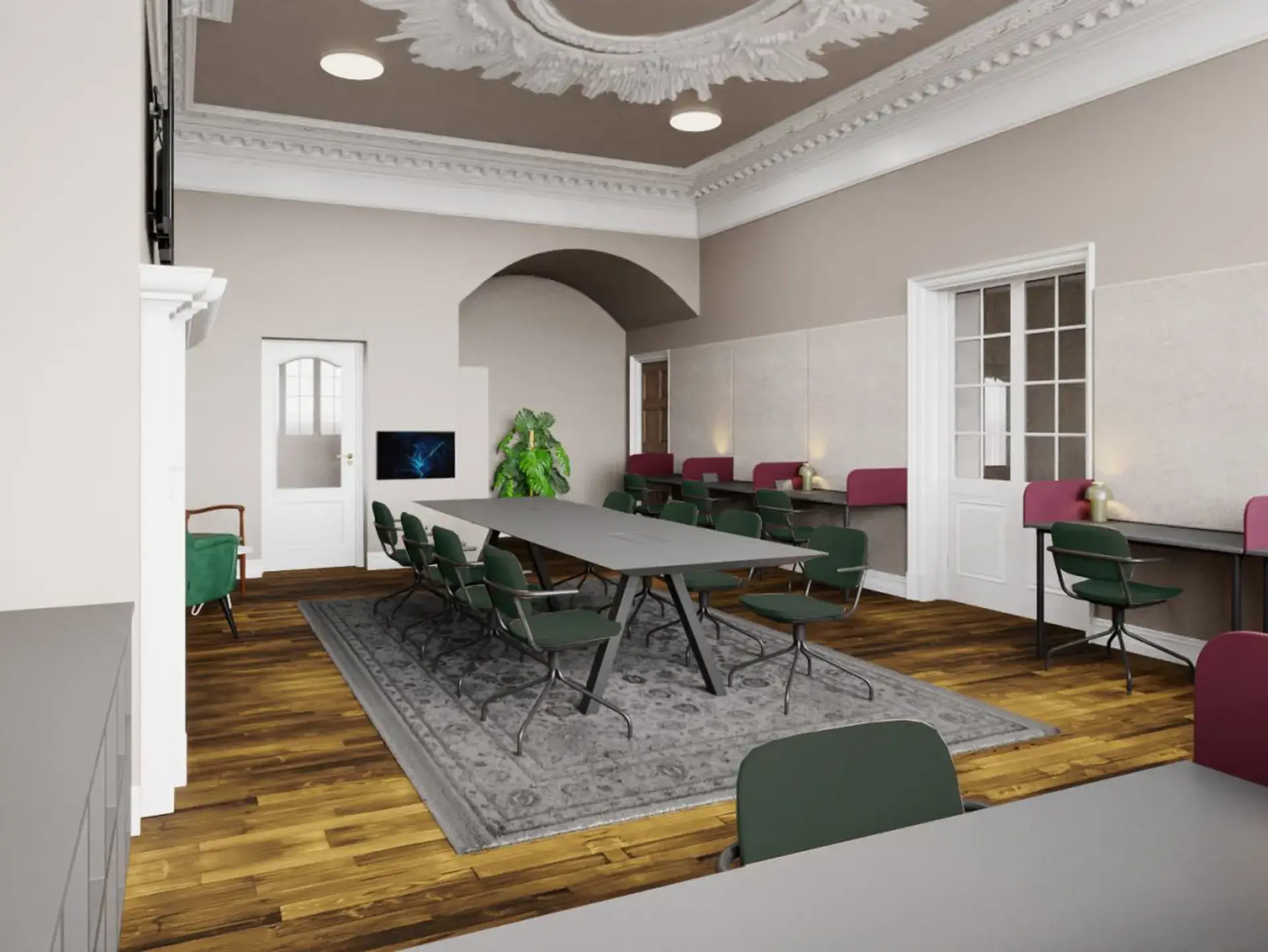 A study space with a long table and chairs