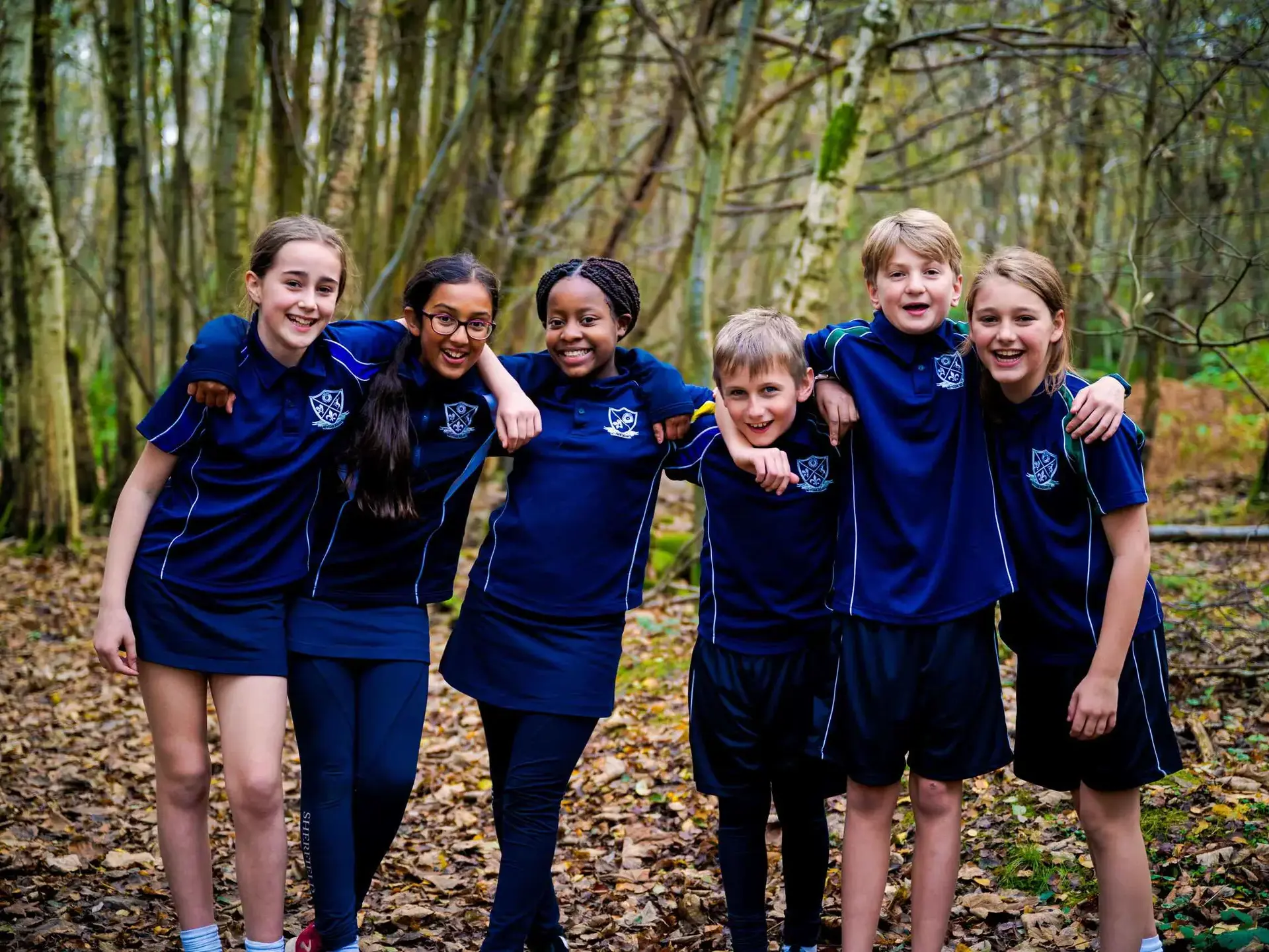 Six students arm in arm in a wooded area