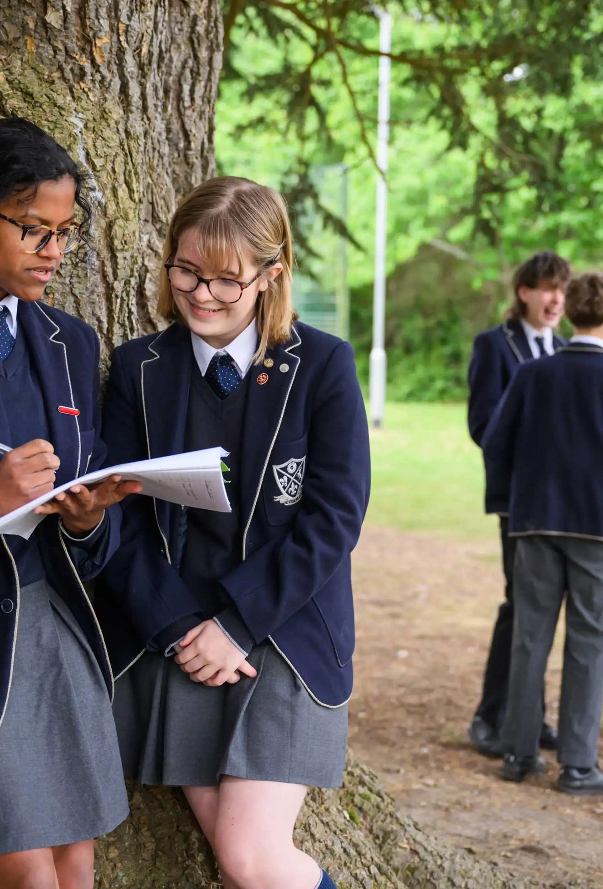 Students reading notes while leaning against tree